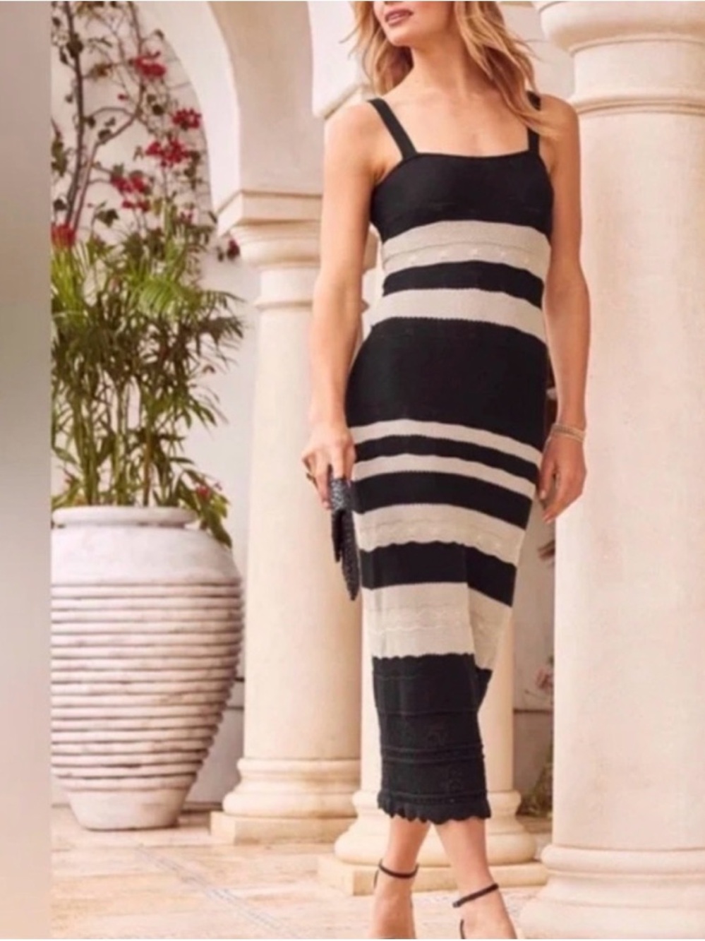 Evereve Black and Cream Striped Knit Maxi Dress